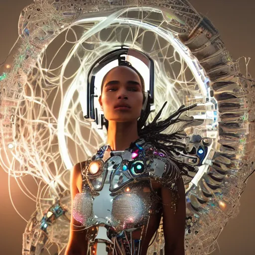 Image similar to beautiful Fine art photo of enraptured Zoe Kravitz as a solarpunk robotic goddess, white mechanical parts with led lights, photorealistic, centered, highly detailed and intricate, sun lighting, 8k