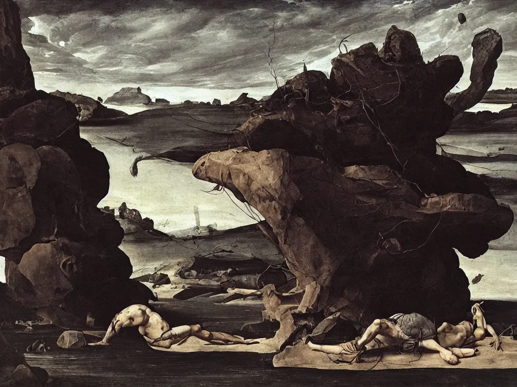 Prompt: Tormented man tied to a boulder with the strange reptile, fungi, mollusks creatures of Mars. Surreal, melancholic, vortex river, fumesm iceberg. Painting by Caravaggio, Caspar David Friedrich, Walton Ford