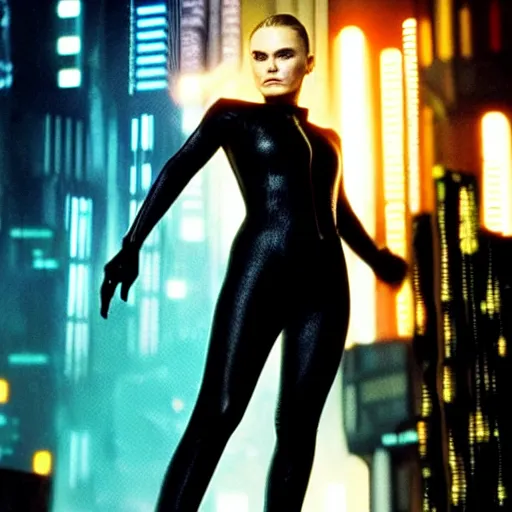 Prompt: anna paquin starring in a cyberpunk movie in a distopic futuristic city in the style of bladerunner, wearing a black catsuit, holding a gun, movie still, highly detailed, rainy night, volumetric lights, studio lighting, dramatic, scifi, sharp focus
