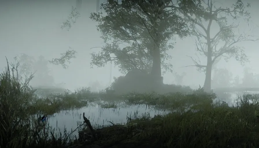 Prompt: a white fluffy cat in dark, misty, foggy, dank, green, muddy, bog, marsh, flooded chicago city street swamp in destiny 2, liminal creepy, dark, dystopian, abandoned, highly detailed 4 k in - game destiny 2 screenshot gameplay showcase