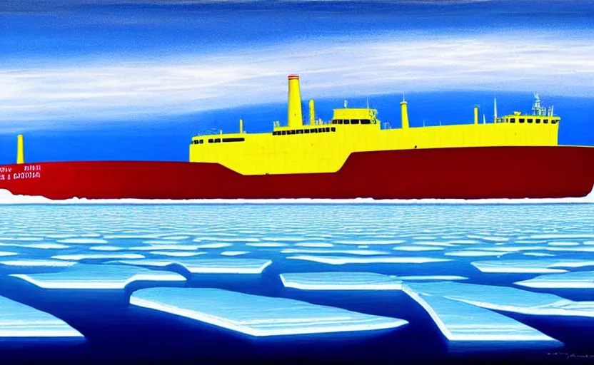 Image similar to a surreal colourful painting of arctic ice breaker going through ice field with epic cracks