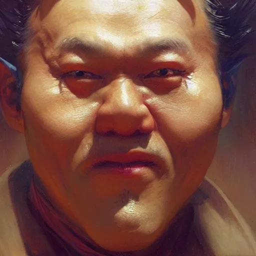 Image similar to closeup portrait of an asian scary man dressed as a chicken, highly detailed painting by gaston bussiere, craig mullins, j. c. leyendecker 8 k