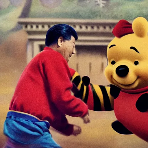 Prompt: an award winning cinematic still of Xi Jinping fighting Winnie the Pooh, 16k photograph, epic battle