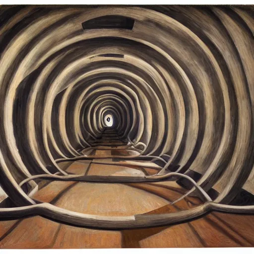 Image similar to 3 d cutaway view of a cardiovascular network of tunnels connecting round concrete domiciles, by grant wood, pj crook, edward hopper, oil on canvas