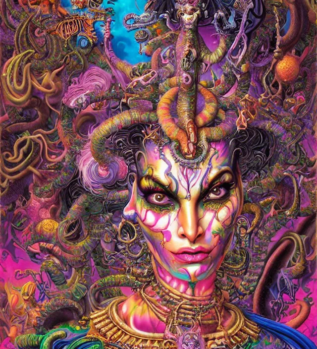 Image similar to lisa frank blotter acid fantasy character portrait of kali ma, ultra realistic, wide angle, intricate details, dharma artifacts, aum, highly detailed by hr giger, peter mohrbacher, wayne barlowe, boris vallejo, hajime sorayama aaron horkey, gaston bussiere, craig mullins