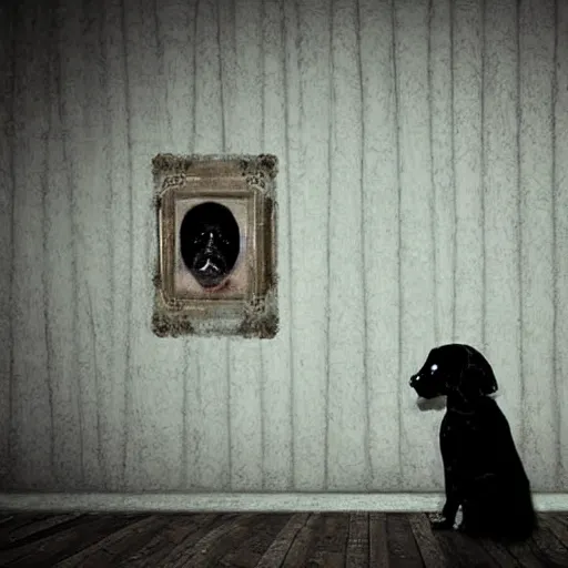 Prompt: dog in creepy scary nightmare atmosphere, realsitic