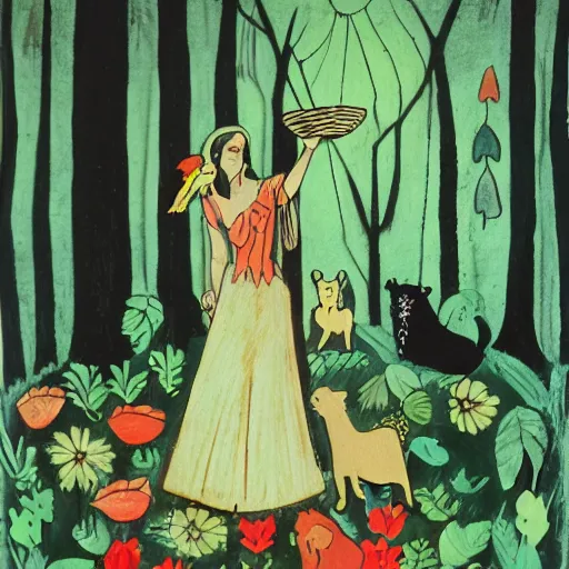 Image similar to ordered dark green by helio oiticica. a drawing of a vasilisa standing in the forest, surrounded by animals. she is holding a basket of flowers in one hand & a spindle in the other. gentle expression. in the background, the forest is dark & mysterious.