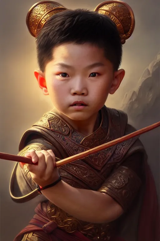 Image similar to a masterpiece portrait of nezha, highly detailed, boy hold spear, chinese fantasy, highly detailed, digital painting, trending on artstation, concept art, sharp focus, illustration, global illumination, ray tracing, realistic shaded, art by artgerm and greg rutkowski and fuji choko and viktoria gavrilenko and hoang lap