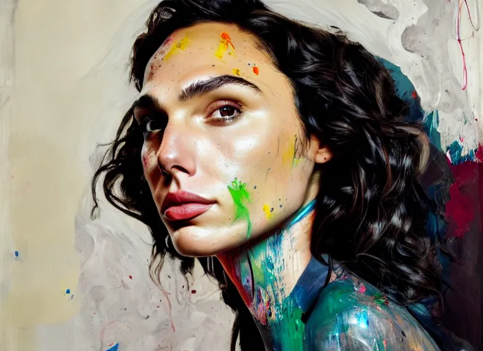 Image similar to portrait of gal gadot, by vincent lefevre and hernan bas and pat steir and hilma af klint, psychological, photorealistic, dripping paint, washy brush, rendered in octane, altermodern, masterpiece