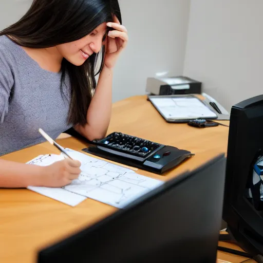 Image similar to a baby girl working CAD computer drafting, civil engineer, sitting at a desk