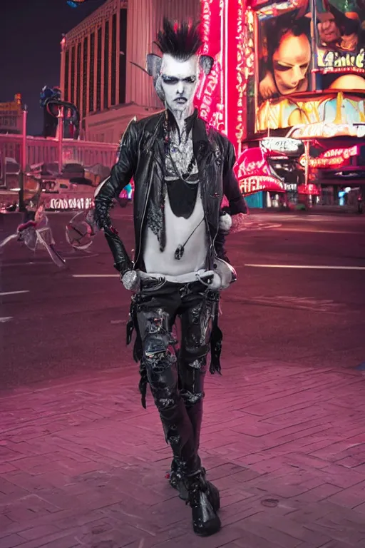 Image similar to full body portrait of a punk vampire on the Las Vegas strip at night, by shan qiao, cinematic, hyper realism, high detail, octane render, 8k,trending on artstation, CGsociety, concept art, 35mm, kodak portra