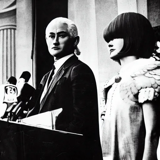 Prompt: griffith from berserk at hist white house inaugural press conference, photo by getty images