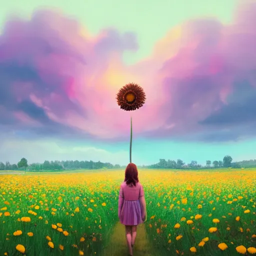 Prompt: giant daisy flower as a head, girl walking in flower field, surreal photography, sunrise, dramatic light, impressionist painting, colorful clouds, digital painting, artstation, simon stalenhag