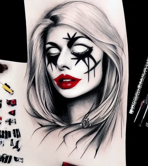 Image similar to ! dream tattoo design sketch of a beautiful blonde girl portrait with joker makeup, in the style of den yakovlev, realistic face, black and white, realism tattoo, hyper realistic, highly detailed