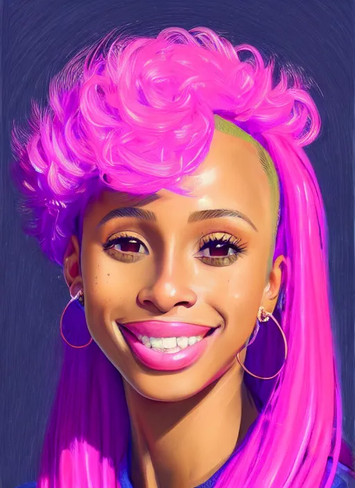 Image similar to portrait of young vanessa morgan with bright pink hair, black girl, vanessa morgan, curly pixie cut hair, wearing a purple newsboy cap, breton cap, confident smile, hoop earrings, intricate, elegant, glowing lights, highly detailed, digital painting, artstation, concept art, smooth, sharp focus, illustration, art by wlop, mars ravelo and greg rutkowski