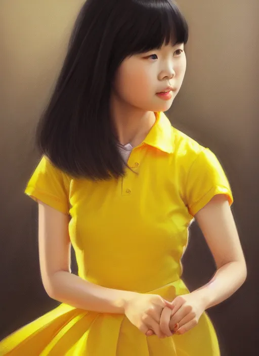 Image similar to photo of a cute young asian girl wearing a yellow honey dress in the style of stefan kostic, realistic, sharp focus, 8 k high definition, insanely detailed, intricate, elegant, art by stanley lau and artgerm