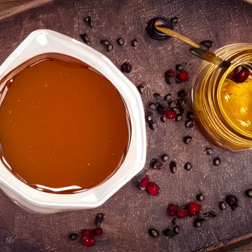 Prompt: dingleberry honey, honey with fresh dingleberries floating inside, food photography