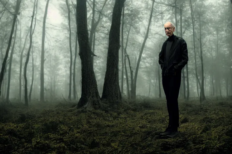 Image similar to a cinematic headshot portrait of a skinny evil male scientist, in a spooky forest, fog, portrait, portrait, portrait, shrubbery, 8 k, detailed, backlight, deep focus, movie still, moody lighting, by werner herzog