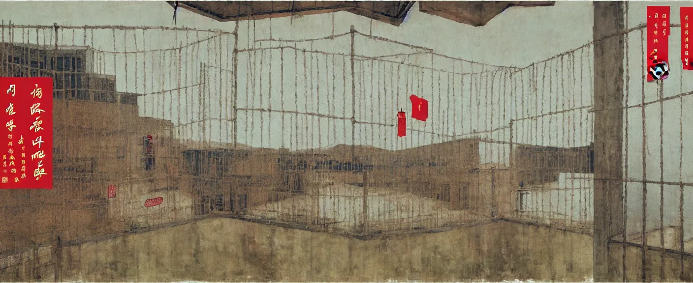 Image similar to a chinese prison near a river by peter doig, muted colors, overlaid with chinese adverts