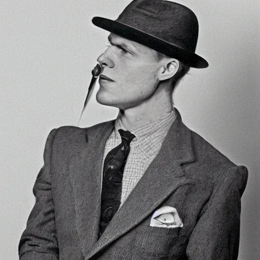 Image similar to A photograph portrait of Jerma985 wearing a suit with and fedora in the 1940s, taken in the early 1940s, grainy, taken on a 940s Kodak Camera, realistic, hyperrealistic, very realistic, highly detailed, very detailed, extremely detailed, detailed, digital art, trending on artstation