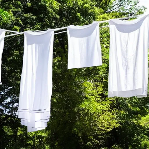 Prompt: Donald Trump hanging white linen sheets on a clothesline, sunny day