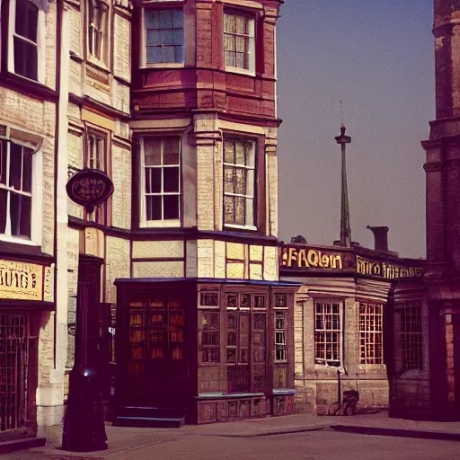 Image similar to “35mm film photography of Victorian London, cinestill 800t, grain”