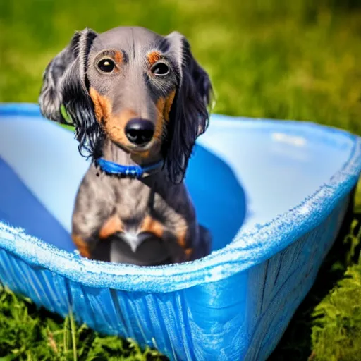 Prompt: a grey, elderly wire-haired dachshund floating in heaven, blue sky, surrounded by beautiful white clouds