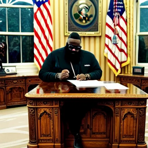 Prompt: a photo of rick ross signing a bill in the oval office