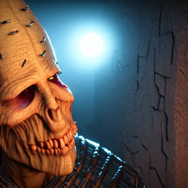 Prompt: pinhead, 8 k ultra realistic, lens flare, atmosphere, glow, detailed, intricate, full of colour, led lighting, 4 k, hyperrealistic, focused, extreme details, unreal engine 5, masterpiece