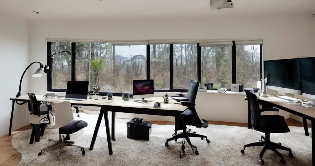 Image similar to photo of a home office dream setup, high-end computer, office chair, large monitor, cozy, soft light, beautiful peaceful view out of the large window