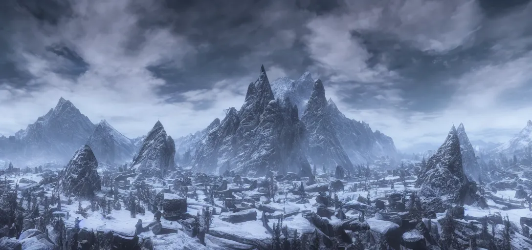 Image similar to skyrim throat of the world mountain as seen from whiterun, skyrim, elder scrolls, winter weather, landscape photography, professional photography, 8k realism, hyper realism, wide shot