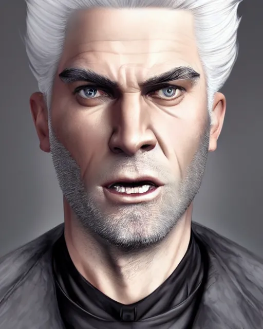 Image similar to portrait of 4 0 - year - old man with white hair with a pale complexion, pointed face and grey eyes, clear smooth face, no beard, wearing all black clothes, haughty facial expression, hyper realistic face, beautiful eyes, character art, art by mark brooks, hyperdetailed, cryengine, trending on artstation, digital art