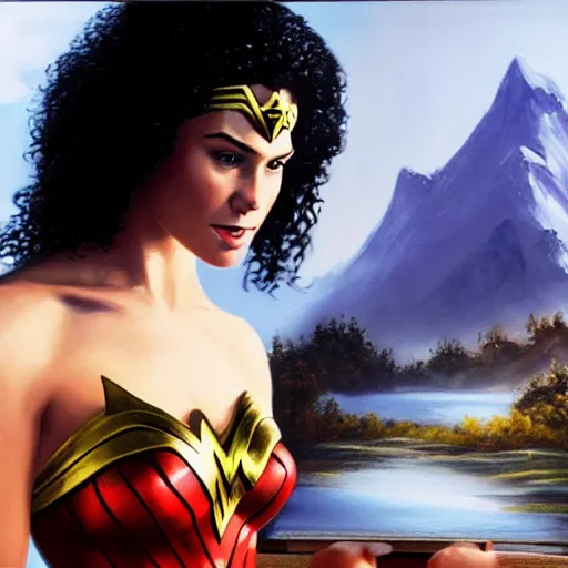 Image similar to a closeup photorealistic photograph of bob ross working on a canvas painting of wonder woman. film still. brightly lit scene. mountains and trees. this 4 k hd image is trending on artstation, featured on behance, well - rendered, extra crisp, features intricate detail, epic composition and the style of unreal engine.