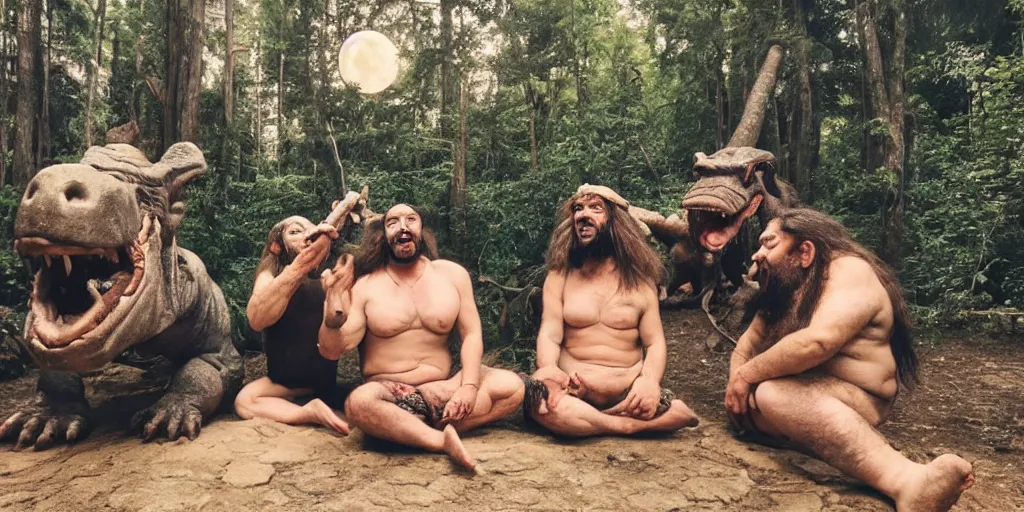 Prompt: photo, three hairy neanderthal people, sumo japanese, eating outside, surrounded by dinosaurs!, gigantic forest trees, sitting on rocks, bright moon, birthday cake on the ground, birthday cap, front view, madonna in the center singing