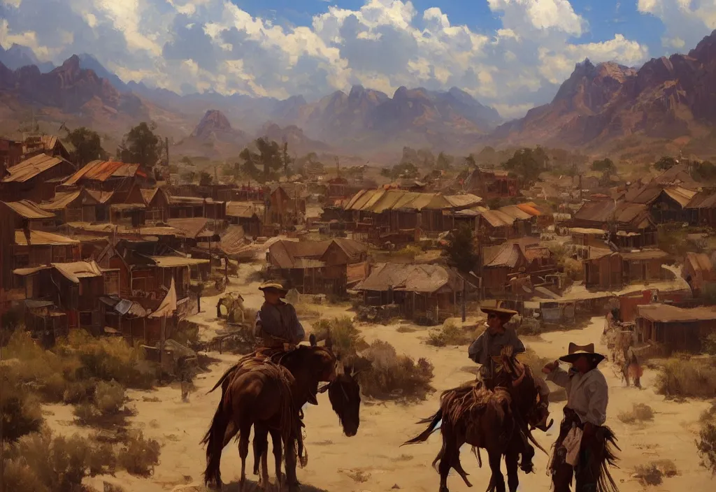 Image similar to greg manchess painting of a wild west town landscape with no person nor horse in the painting only buildings in the year 1 8 5 0, on a rainy day, painting, trending on artstation, by huang guangjian and gil elvgren and sachin teng