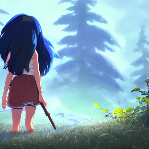Prompt: a wholesome animation key shot of a girl with long dark blue hair and a raccoon tail, medium shot, studio ghibli, pixar and disney animation, sharp, rendered in unreal engine 5, anime key art by greg rutkowski, bloom, dramatic lighting, trending on artstation