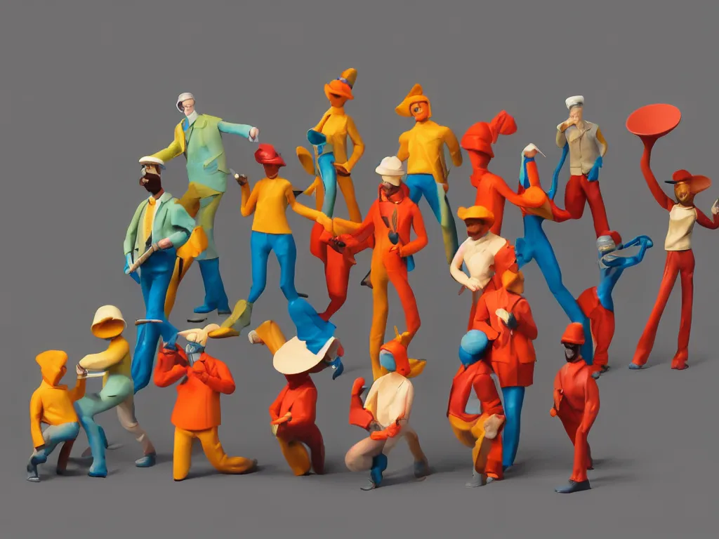 Prompt: 5 member funk band, thermoplastic - elastomer figurines, retro - vintage, neo soul, mixed media with claymorphism, matte color palette, designed by artstationhq, retro, 3 - dimensional, gouache 3 d shading, tilt shift, low fi,