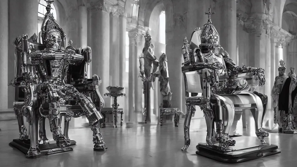 Prompt: Robotic Pope, sitting on a sedia gestatoria carried by bishops, dark shades, futuristic, ultra quality, 8K