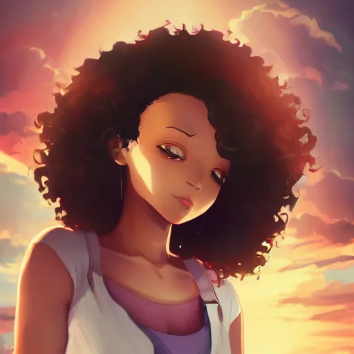 Image similar to a beautiful woman with Beautiful smile and afro hair , dark brown hair and tan skin, dark brown eyes, city landscape, 4k, anime key visual, lois van baarle, ilya kuvshinov, rossdraws, artstation