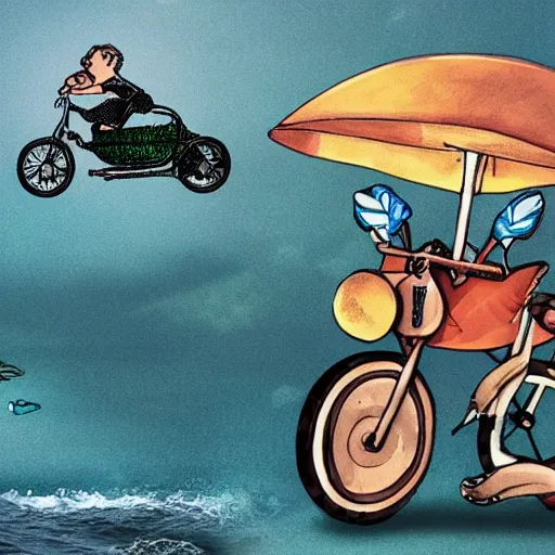 Prompt: a tiny motorbike, riding a bicycle, on the sea, on a giant turtle, eyes in the background