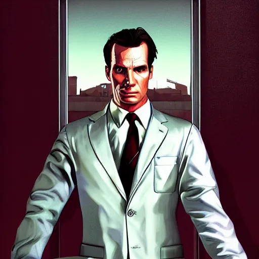 Image similar to portrait of patrick bateman,GTA V cover art by stephen bliss,no text