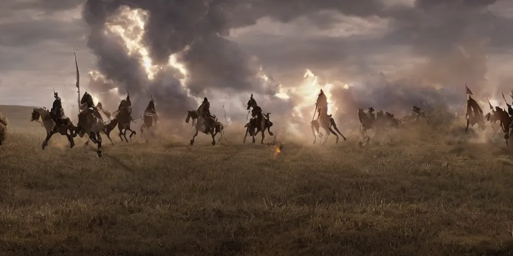 Image similar to promotional movie still rendered in octane, of an action shot from the battle of little bighorn, custer's last stand, majestic action, focusing on the offset center of the scene, intense dramatic hdr, natural light, cinematic lighting, extremely high detail, photorealistic, imax 7 0 mm, iso 4 0 0, 8 k, 4 k, hq