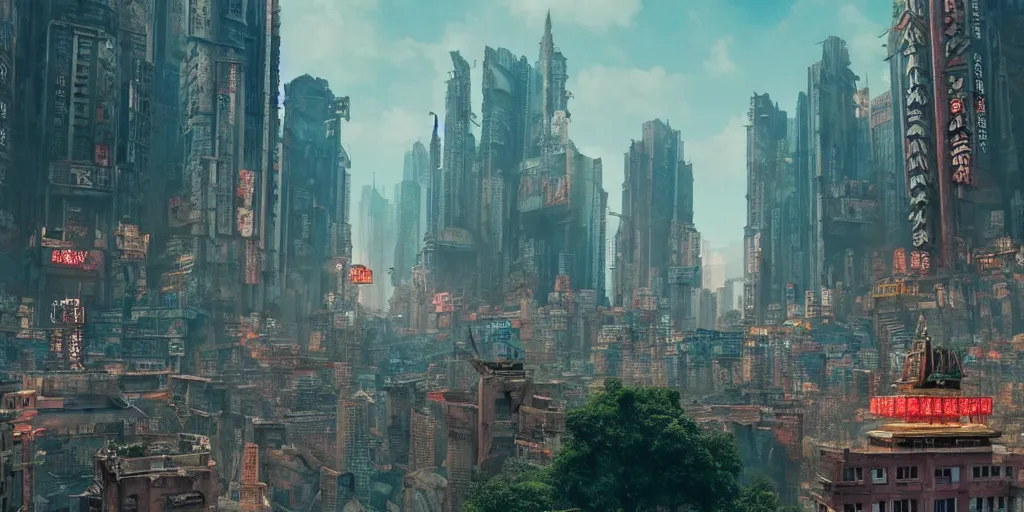 Prompt: a very high resolution image from a new movie, upside - down old temple and cyberpunk city, beautiful scenery, photorealistic, photography, directed by wes anderson