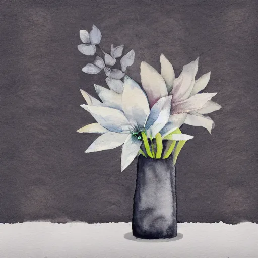 Image similar to monochrome watercolor high vase with dry flowers, background chiffon