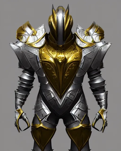 Prompt: fantasy armor, clean shiny silver armor with gold trim, trending on artstation, symmetrical, flat shading, extremely smooth, orthographic front view, professional awesome, incredible, creative, the best