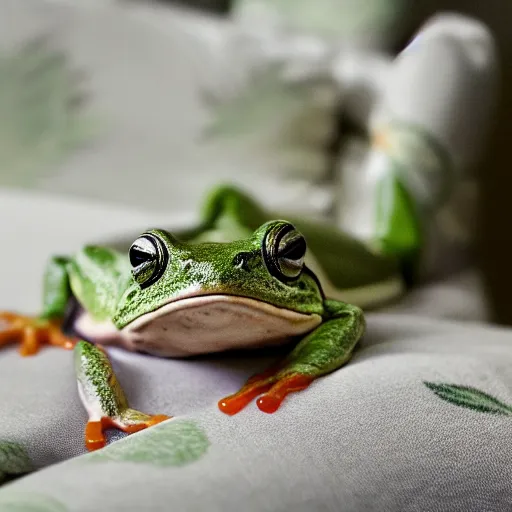 Image similar to sleeping frog on a small bed, photography,