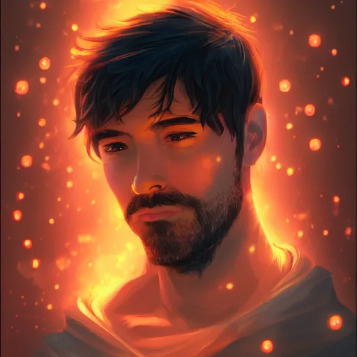 Image similar to man portrait surrounded by fireflies, artstation