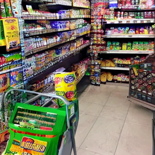 Image similar to bodega filled with groceries, produce, cans, soda, lottery tickets, and cigarettes with Hispanic customers.