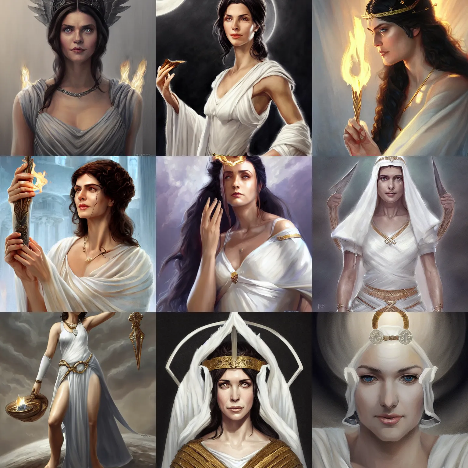 Image similar to hestia, helen mcrory, old greek goddess, white tunic, sacred flame, d & d, fantasy, portrait, highly detailed, digital painting, trending on artstation, concept art, sharp focus, illustration, art by artgerm and greg rutkowski and magali villeneuve