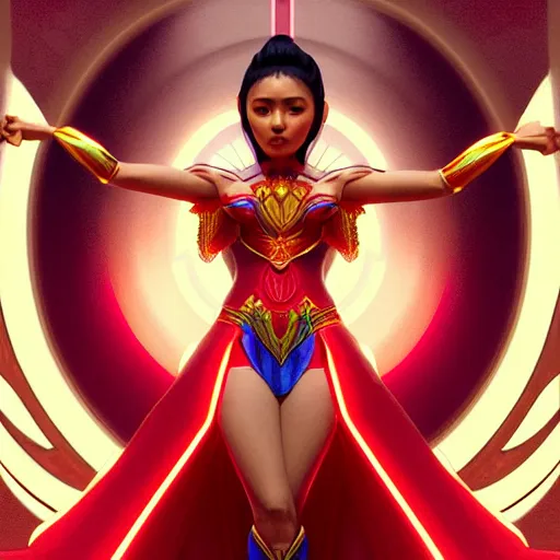 Image similar to nadine lustre as darna, volumetric lights, red and cyan theme, art nouveau botanicals, intricate, highly detailed, digital painting, artstation, concept art, smooth, sharp focus, cinematic, illustration, beautiful face, art by artgerm and greg rutkowski and alphonse mucha